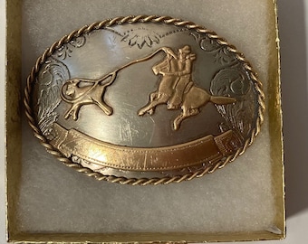 Vintage Metal Belt Buckle, German Silver and Brass, Nice Cow Roping Design, Rodeo, Cowboy, Nice Western Design, 3 1/4" x 2 1/4", Heavy Duty