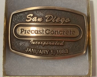 Vintage 1983 Metal Belt Buckle, Brass, San Diego Precast Concrete, Nice Design, 3 1/2" x 2 1/4", Heavy Duty, Quality, Thick Metal