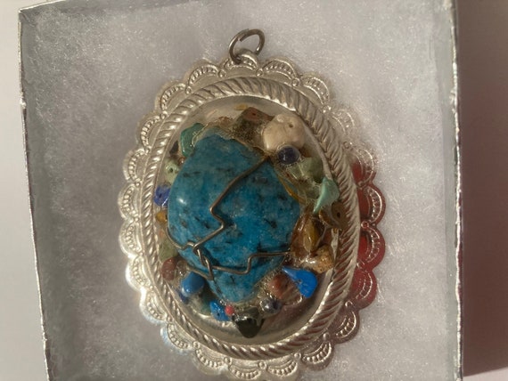 Vintage Metal Silver and Turquoise Pendant, Color… - image 3