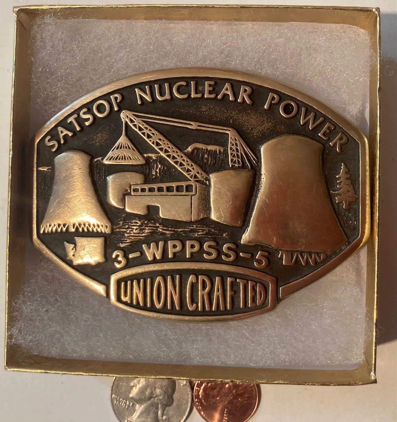 Vintage 1981 Metal Belt Buckle, Brass, Shoreham Nuclear Power Station, Nuclear