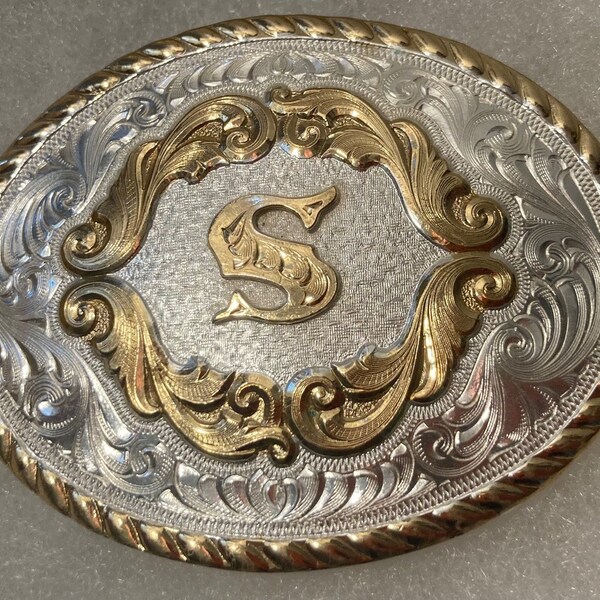 Vintage Metal Belt Buckle, Silver and Brass, Letter S, Initial S, Montana Silversmiths, Nice Design, 3" x 2 1/4", Heavy Duty, Quality