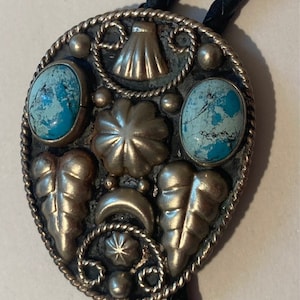 Vintage Metal Bolo Tie, German Silver and Turquoise, Nice Design, 1 1/2 x 2&quot;, Nice Design, Quality, Heavy Duty, Made in USA, Country