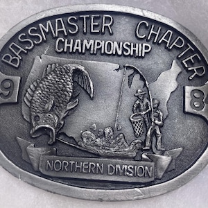 Vintage 1984 Metal Belt Buckle, Bass Master Chapter Championship, Fishing, Fish, Nature, Nice Western Style Design, 3&quot; x 2 1/2&quot;, Heavy Duty
