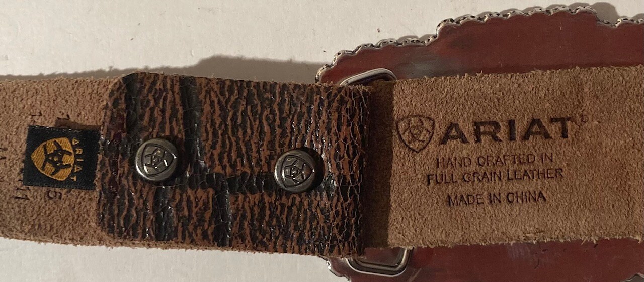 Ceinture Homme Ariat En Cuir Véritable, Logo Rouge Blanc Vert Cousu, Taille S, état Très Bon