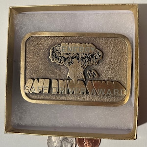 Vintage Metall Gürtelschnalle, Messing, Energie, Safe Driving Award, Öl, Petroleum, Gas, Elektro, schönes Western Design