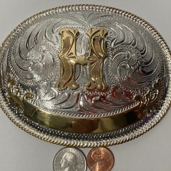 Vintage Metal Belt Buckle, Silver and Brass Tone, Big Size, Letter H, Initial H Montana Silversmiths,  Nice Western Design, 5 1/4" x 4"