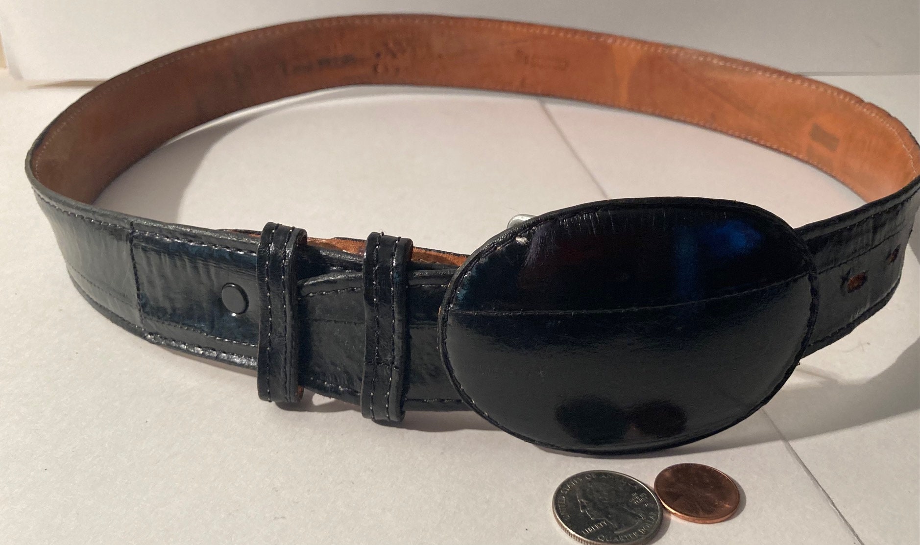 Vintage Leather Belt and Buckle, Western, Black Leather  display picture 1
