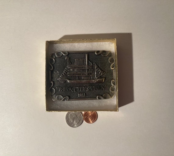 Vintage 1983 Metal Belt Buckle, Park City Queen, River Boat,  3 1/2" x 2 1/2", Heavy Duty, Quality, Made in USA, Country & Western