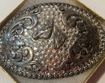 Vintage Metal Belt Buckle, Nocona, Nice Horse Head With Sparkly Stones, Nice Western Design, 4" x 2 3/4", Heavy Duty,