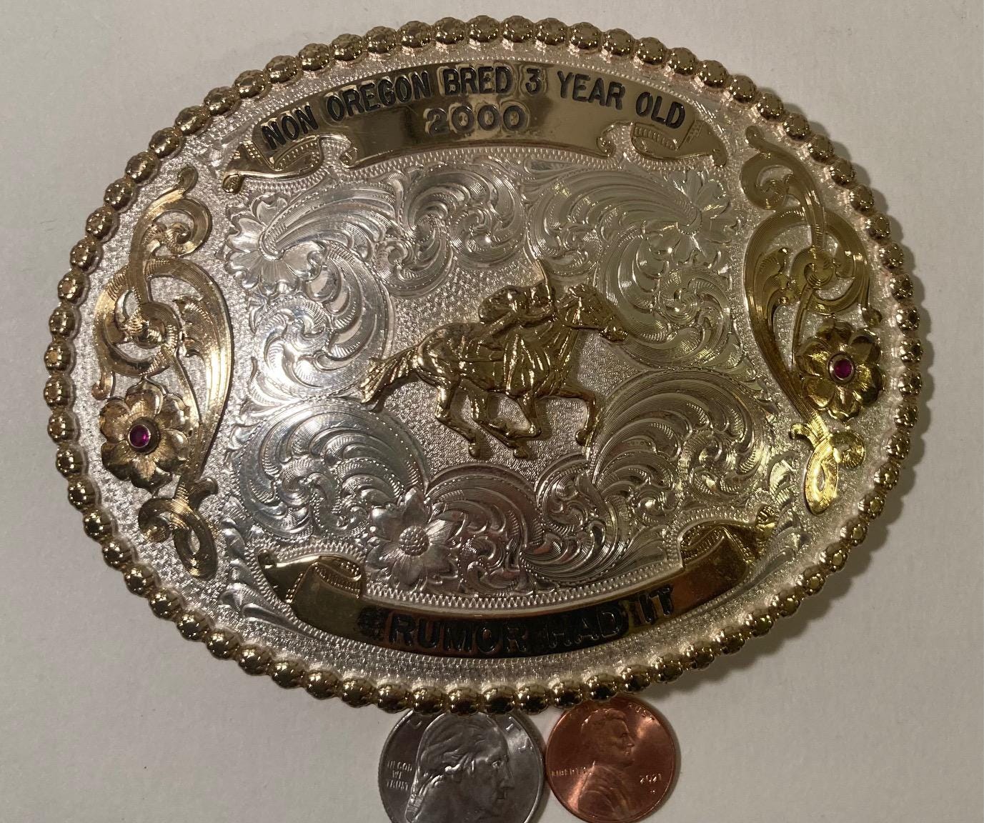 Vintage 2000 Metal Belt Buckle, Silver and Brass, Horse Riding