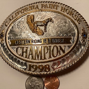 Vintage 1998 Metal Belt Buckle, California Paint Horse Champion, Western Riding 18 & Under, Big Size, Trophy, Nice Blue Stones, Nice Design