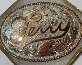 Vintage Metal Belt Buckle, Silver and Brass, Terry, Terrance, Sterling Front, Nickel Silver Back, Nice Western Design