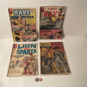 4 Vintage 1950s Comic Books, Navy War Heroes, United States Navy, Lion of Sparta, Mutiny On the Bounty, Fun Ads, Just Normal