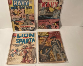 4 Vintage 1950s Comic Books, Navy War Heroes, United States Navy, Lion of Sparta, Mutiny On the Bounty, Fun Ads, Just Normal