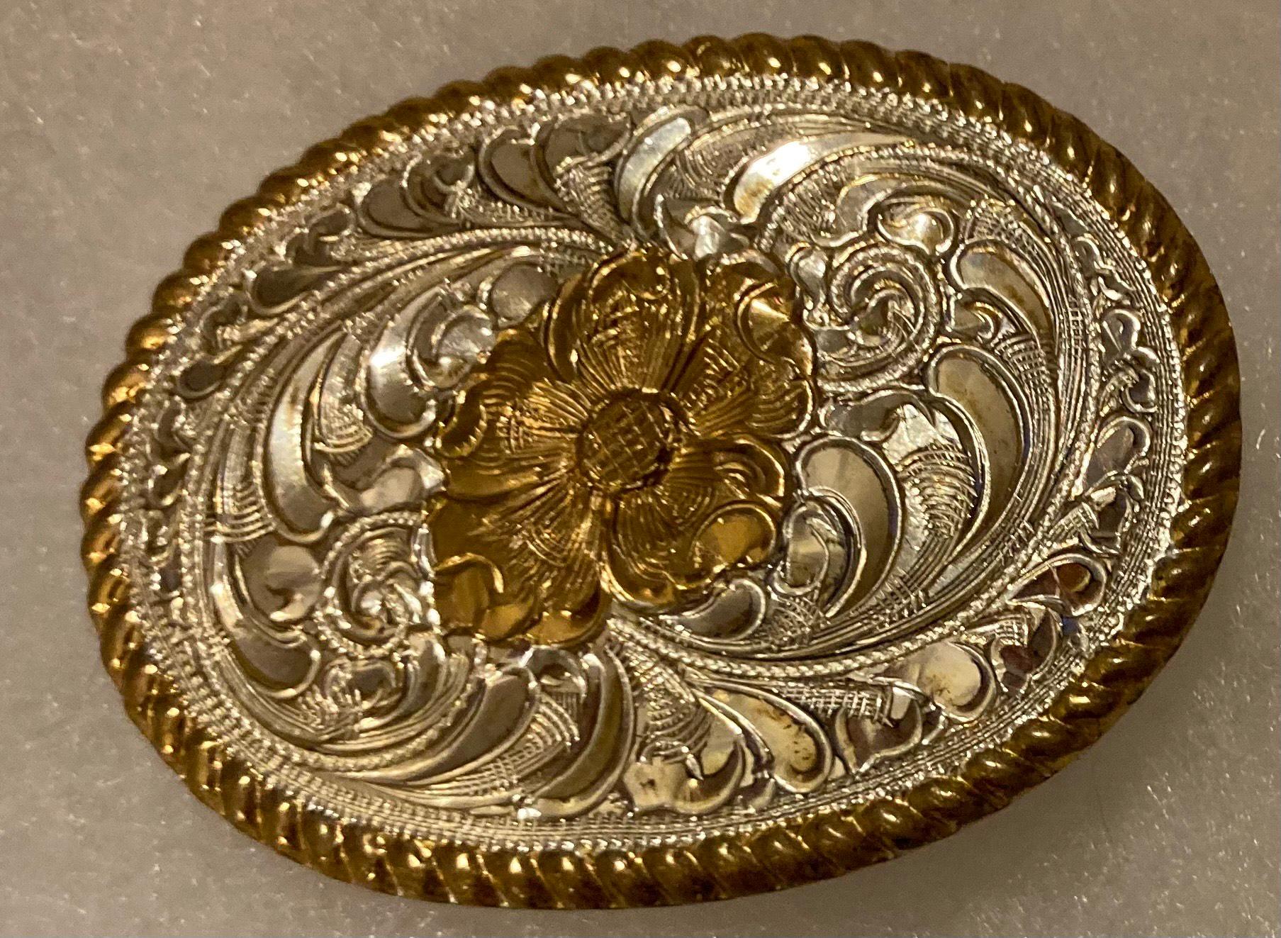 Crumrine Engraved Floral Silver Plate Bronze Belt Buckle Steerhide Hand Painted Brandes 1805 Sterling & Gold Trophy Buckle – Clint Orms  main image 4