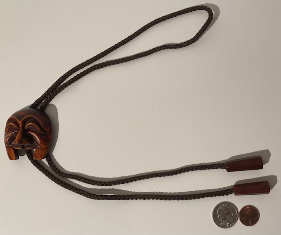 Vintage Wooden Bolo Tie, Face, Mask, Smiley, Nice… - image 1