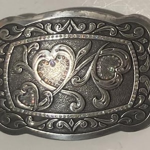 Vintage Metal Belt Buckle, Silver Buckle Hearts, Nice Western Design, Heavy Duty, Made in USA, Quality, Thick Metal, For Belts