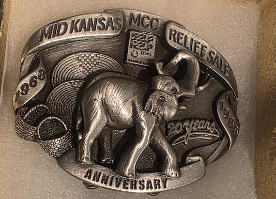 Vintage 1988 Metal Belt Buckle, Mid Kansas Relief Sale, Elephant, Sits on Stand in Back