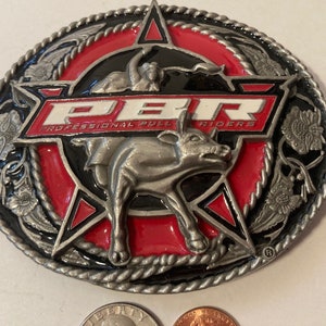 Vintage 2004 Metal Belt Buckle, PBR, Professional Bull Riding, Nice Design, 4" x 3 1/4", Heavy Duty, Quality, Thick Metal, Made in USA