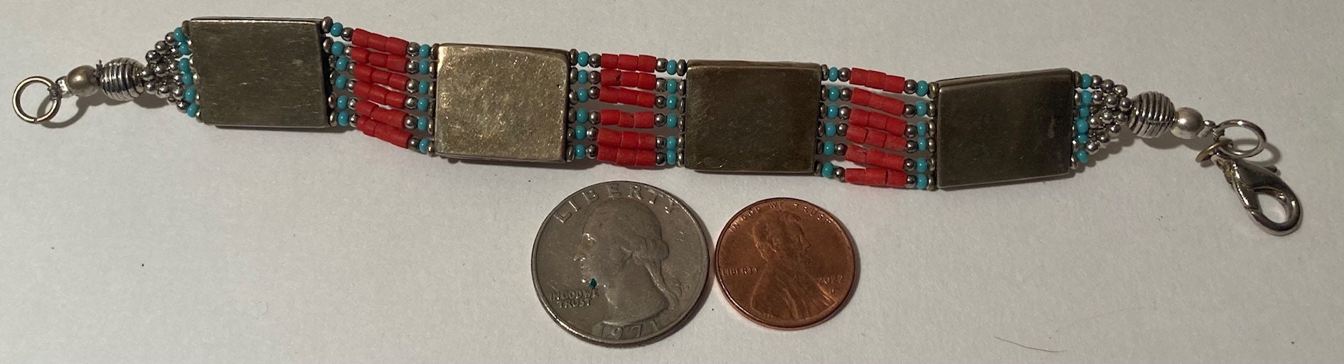 Bracelet Rétro En Pierres (turquoise, Rouge, Bleu) Et Métal Argenté - Occasion - Style Bohème