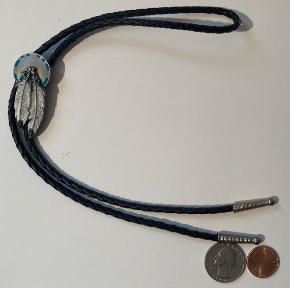 Vintage 1993 Metal Bolo Tie, Feathers, Native, En… - image 1