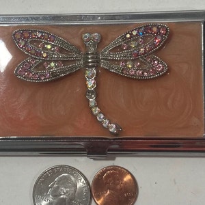 Vintage Metall Visitenkartenhalter, Strass glitzernde Libelle, Chrom und Emaille, Qualität, 3 3/4 "x 2 1/4", robust, Qualität