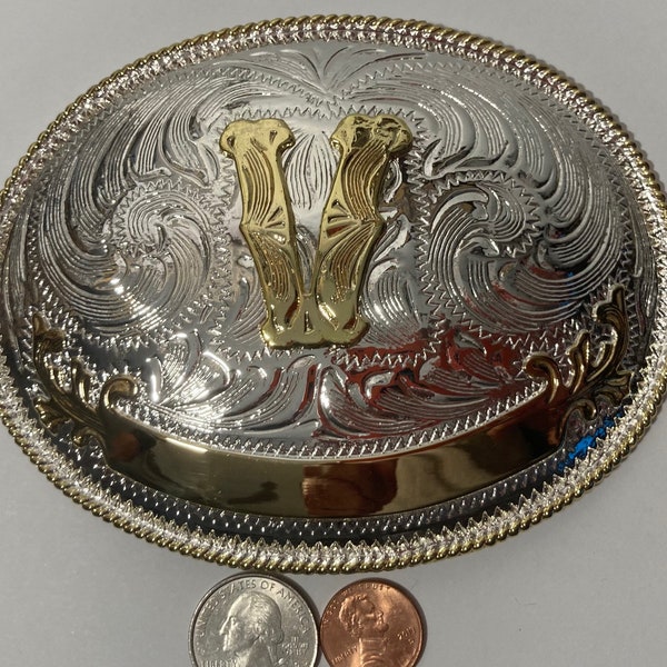 Vintage Metal Belt Buckle, Silver and Brass Tone, Big Size, Letter V, Initial V, Montana Silversmiths,  Nice Western Design, 5 1/4" x 4"