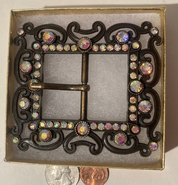 Heavy brass belt buckle with stones Rhinestone Crystal Oval Belt Buckle Antique Brass Full Grain  main image 4