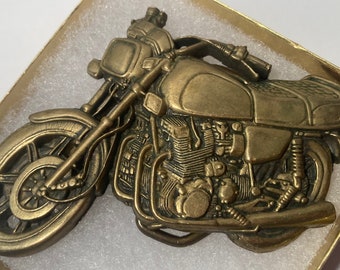 Vintage Metal Belt Buckle, Brass, Motorcycle, Yamaha, Honda, Norton, Nice Western Design, 4" x 2 1/2", Heavy Duty, Quality, Thick Metal