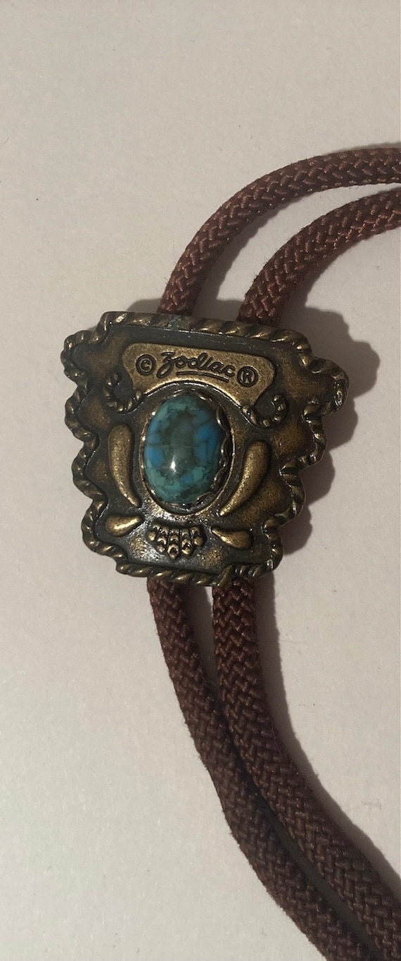 Vintage Metal Bolo Tie, Brass, Nice Turquoise Ston