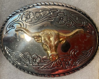 Vintage Metal Belt Buckle, Longhorn Bull, Steer, Cow, Nice Western Design, 3 1/4" x 2 1/2", Heavy Duty, Made in USA, Quality, Thick Metal