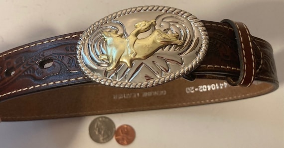 Vintage Leather Belt and Bull Riding Buckle, Nocona, Heavy  display picture 3