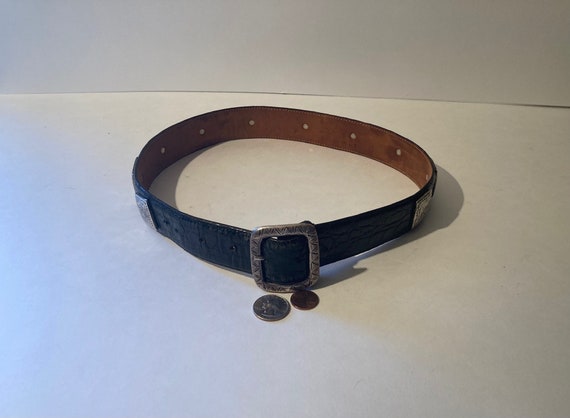 Vintage Black Leather Belt and Buckle, Silver Squ… - image 2