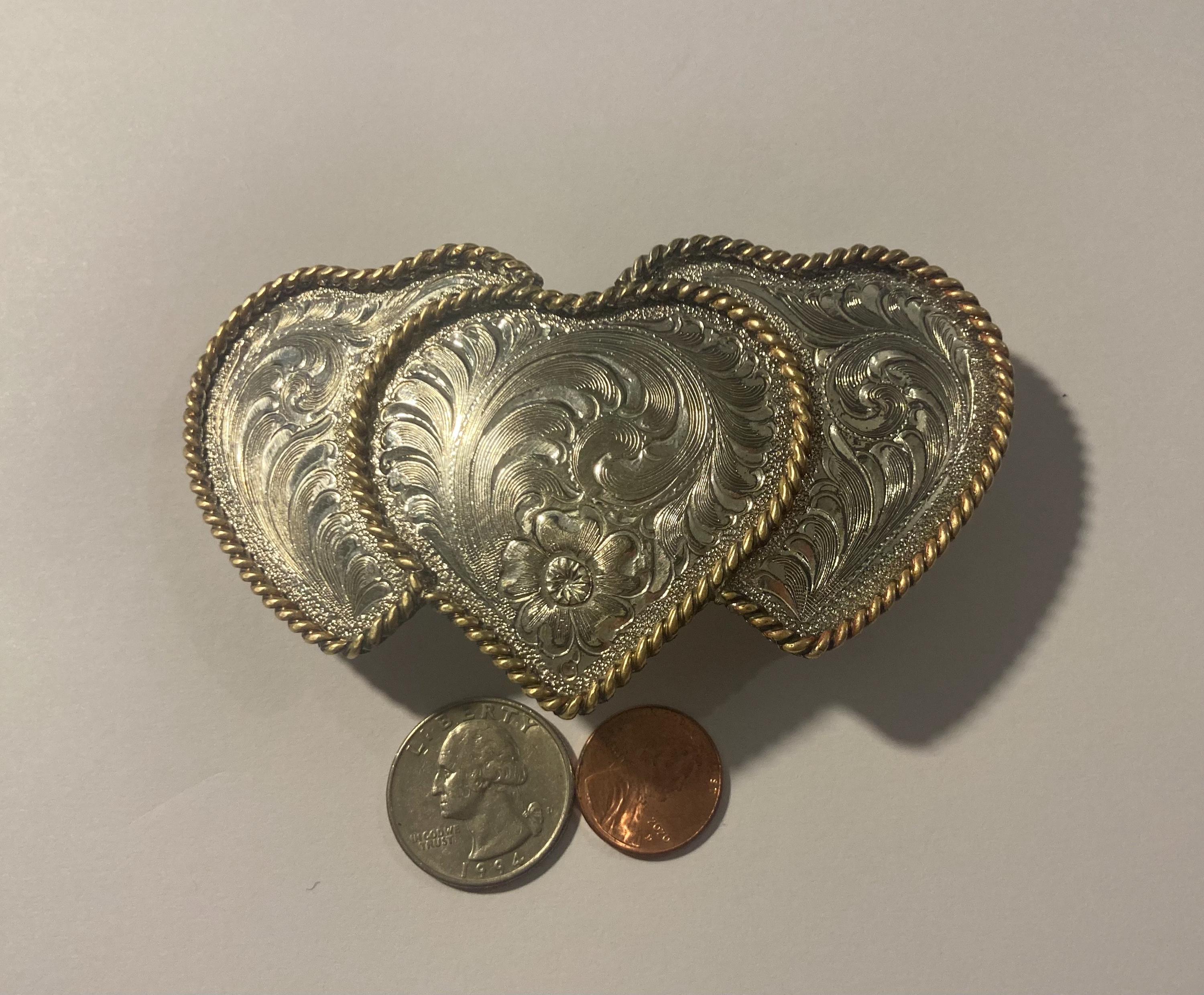 Vintage Western Belt Size 28 Montana Silversmiths Triple Heart Buckle Steel Lace montana silversmith heart buckle products for sale | eBay main image 2