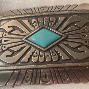 Vintage Metal Belt Buckle, Nice Blue Stone Design, Nice Western Style Design, 3 1/4&quot; x 2 1/4&quot;, Heavy Duty, Quality, Thick Metal, Made in USA