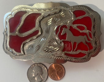 Vintage Metal Belt Buckle, Hand Made, Wil-Aren Originals, Western, Horse, Silver with Red Enamel, 4" x 2 1/2", Heavy Duty, Quality