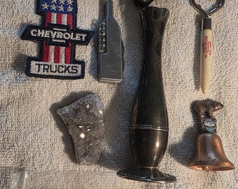 Vintage Pile of 9 Little Items, Pencil Sharpener, Coke Cola, Razor, Chevrolet, Can Opener, Cool Rock, More, Free Shipping