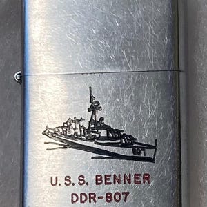 Vintage Metal Ships Lighter, U.S.S. Benner DDR=807, Destroyer Ship. Navy, Command, Zippo, Made in Japan, Cigarettes, More