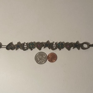Vintage Metal Western Bracelet, Horseshoe, Sparkly Colors, Heart, 4 Leaf Clover,  Nice Design, 8&quot;, Heavy Duty, Made in USA, Country