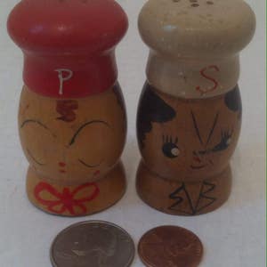 Vintage Salt and Pepper Shakers, Set of Vintage Salt & Pepper Shakers, Wooden, Wood, Olvera St, Los Angeles, California, Wooden Shakers