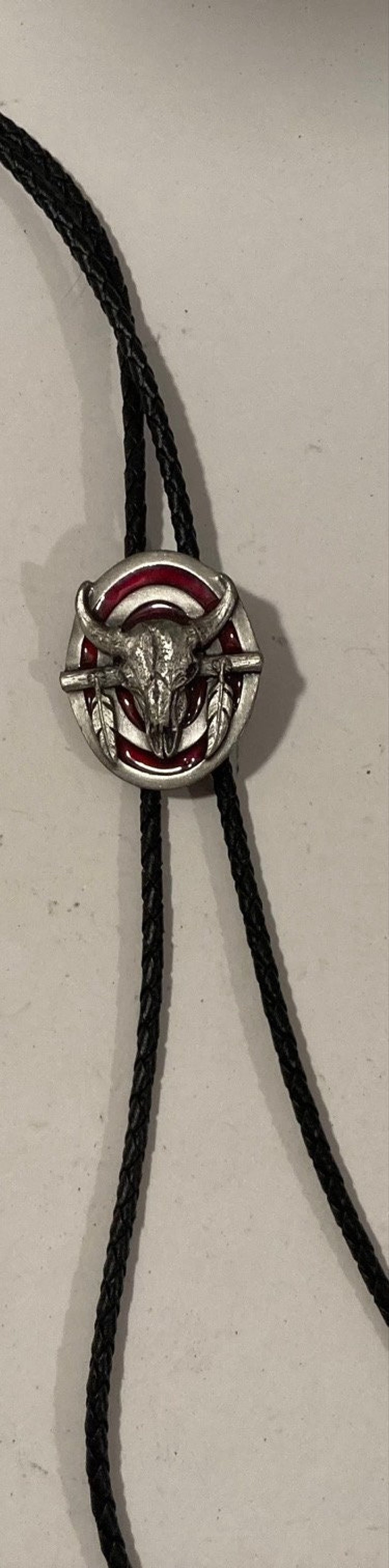 Vintage Black Enamel Longhorn Bull Bolo Tie - Western Leather Necklace - View #12