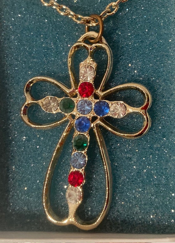 Vintage Metal Necklace Cross, Crucifix, Colorful, 