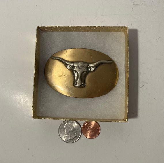 Vintage Metal Belt Buckle, Brass, Longhorn, Bull,… - image 3