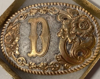 Vintage Metal Belt Buckle, Silver and Brass, Initial D, Letter D, Rodeo, Cowboy, Nice Western Design, 3 3/4" x 2 3/4", Heavy Duty, Quality