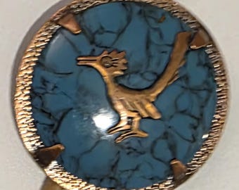 Vintage Metall Bolokrawatte, schöner Kupfer RoadRunner Vogel, Natur, Wildtiere, Türkis Stein, schönes westliches Design