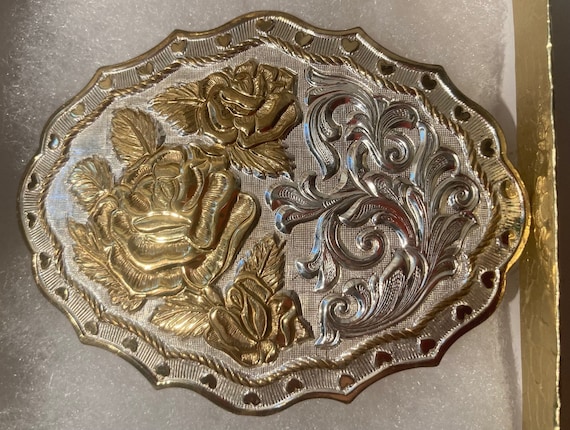 Vintage Metal Belt Buckle, Silver and Brass, Flow… - image 1