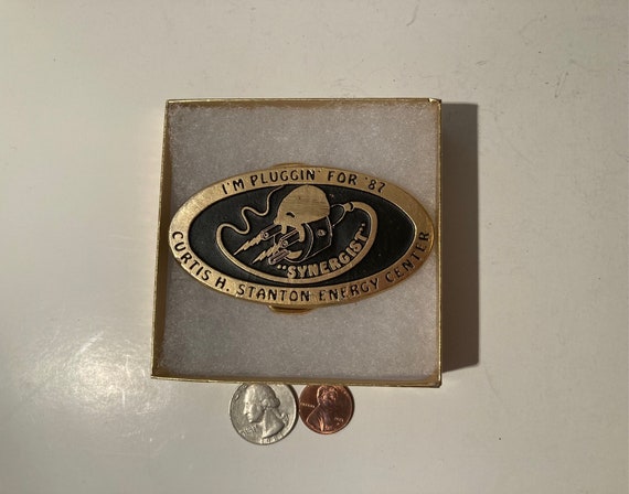 Vintage Metal Belt Buckle, Brass, Synergist, Curtis H 