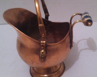 Vintage Copper and Brass Coal Shuttle, Porcelain Handle, Shelf Display, Home Decor, 11" x 11", Quality Copper Coal Shuttle, Fireplace