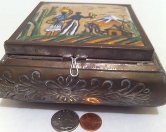 Vintage Metal Silver Storage Box, Stash Box, Mirrored Interior, Desert Enamel Design, Quality Heavy Duty Box, 5 1/2" x 5 1/2" x 2 1/2"