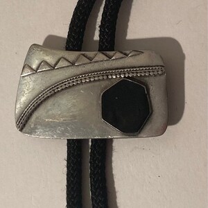 Vintage Metal Bolo Tie, Silver with Black Enamel, Nice Native Design, 2&quot; x 1 1/4&quot;, Nice Design, Quality, Heavy Duty, Made in USA, Country